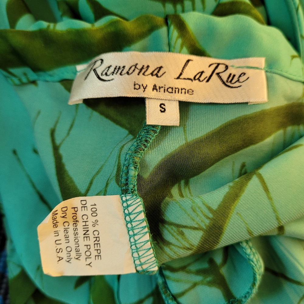 Ramona La Rue By Arianne 100% Crepe Teal Green Leaf Print Flowy Pants - S - Picture 5 of 8